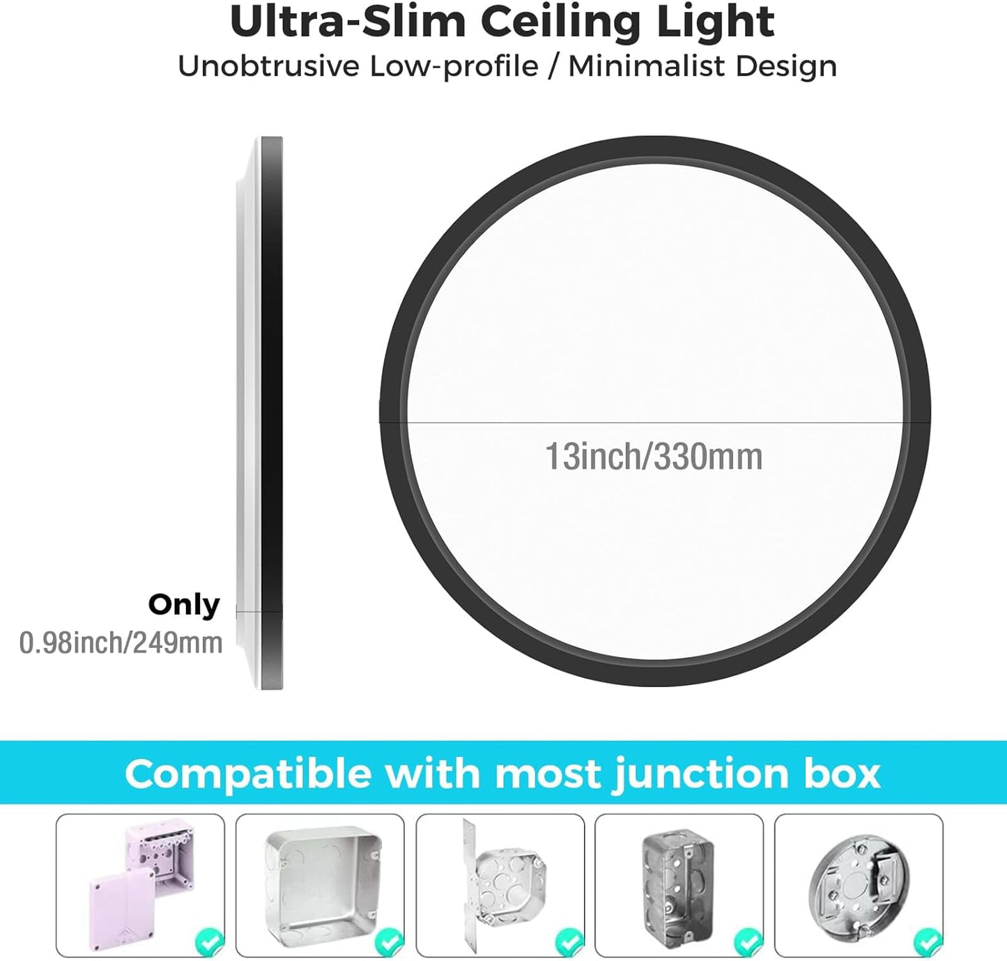 6Pack Black Flush Mount Ceiling Light Selectable Low-Profile Light Fixture-13"