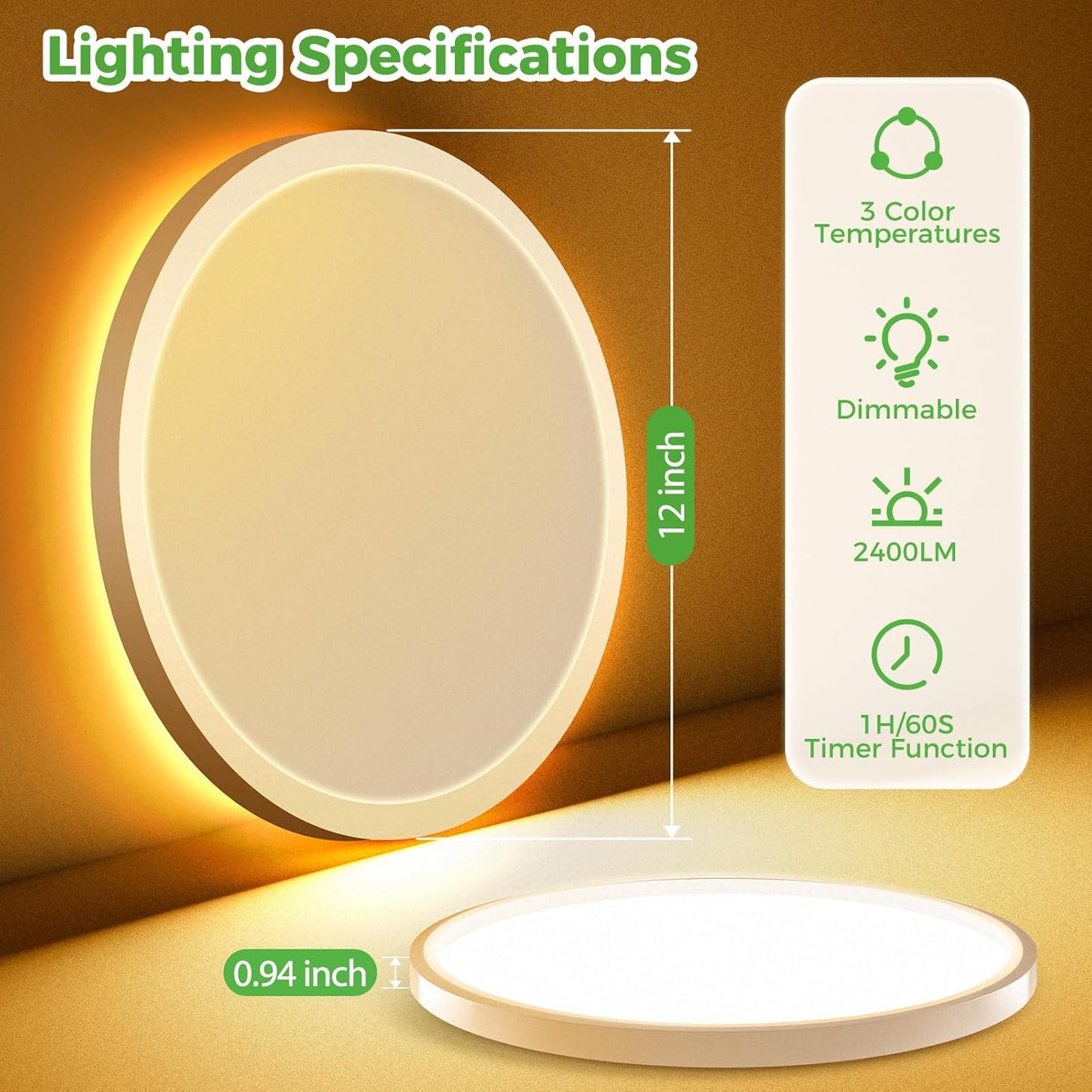 2Pack Black LED Dimmable Slim Ceiling Light with Night Light and Remote Control, 24W 2400lm-12”