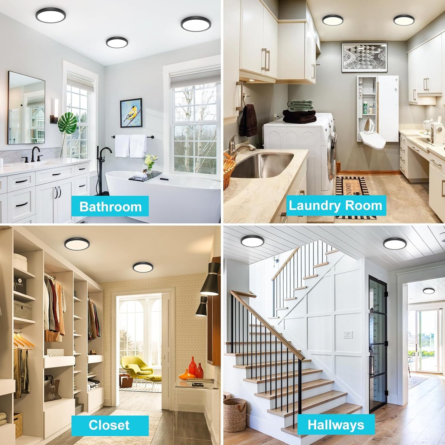 3Pack Black Flush Mount Ceiling Light Color Selectable, Thin Flat Round LED Lamp-7"