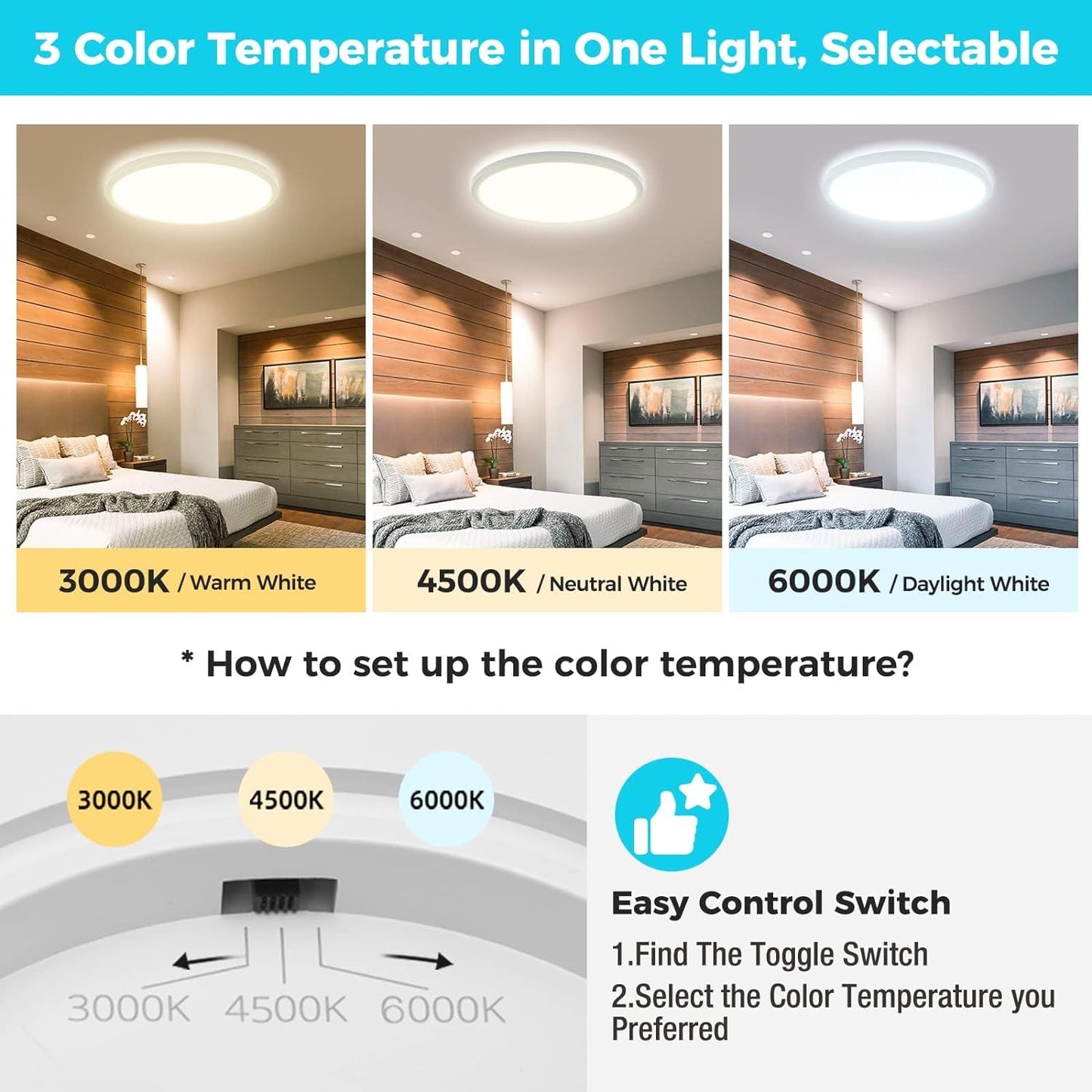 6Pack LED Flush Mount Ceiling Light Selectable Ceiling Light Fixture -13", White