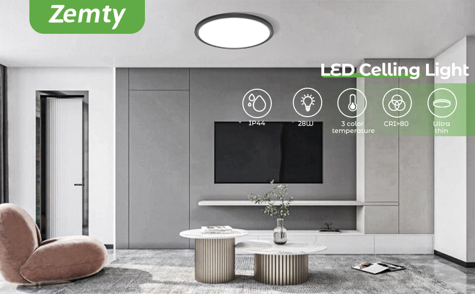 zemty Black LED Ceiling Light Selectable Round Flat Light Fixtures