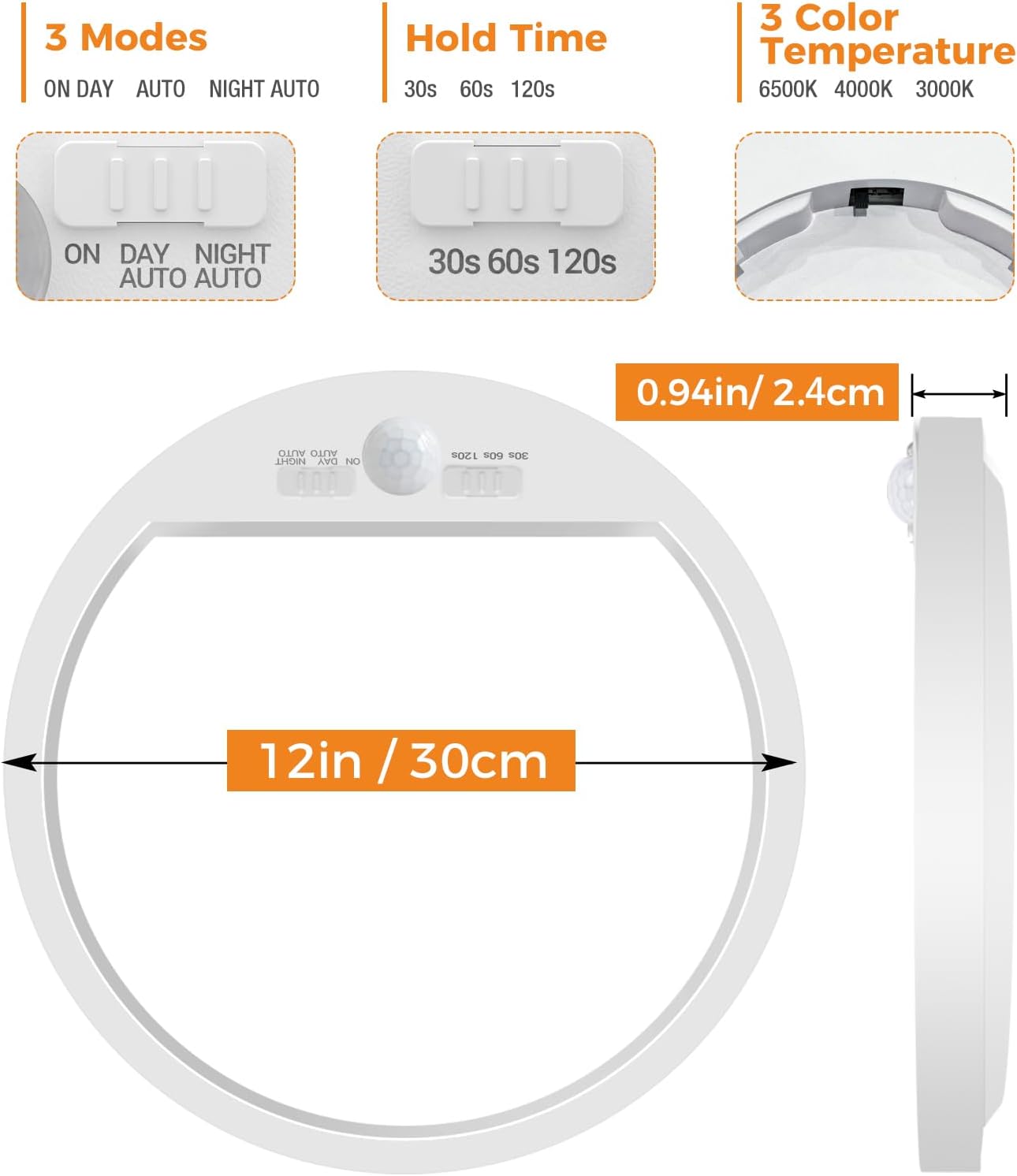 Zemty CLS29S 12in/30cm ultra-thin ceiling light, 0.94in thickness, with 3 modes, 3 timers and 3 color temperatures