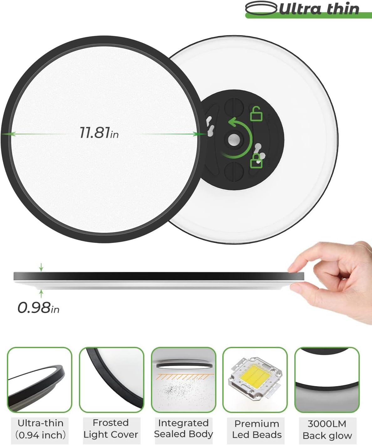 zemty Black LED Ceiling Light Selectable Round Flat Light Fixtures