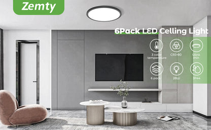 6Pack 3 Color Temperature Black LED Flush Mount Ceiling Light-12"