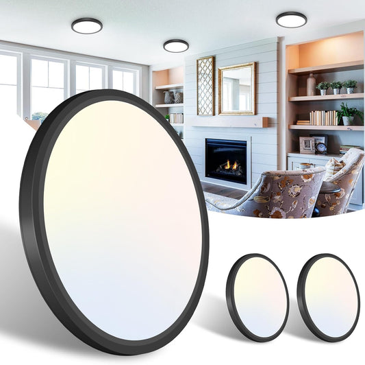 3Pack Black Flush Mount Ceiling Light Color Selectable, Thin Flat Round LED Lamp-7"