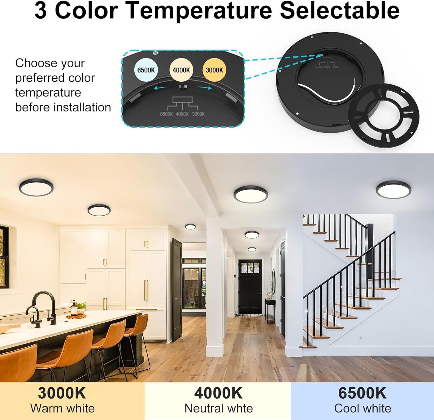 3Pack Black Flush Mount Ceiling Light Color Selectable, Thin Flat Round LED Lamp-7"