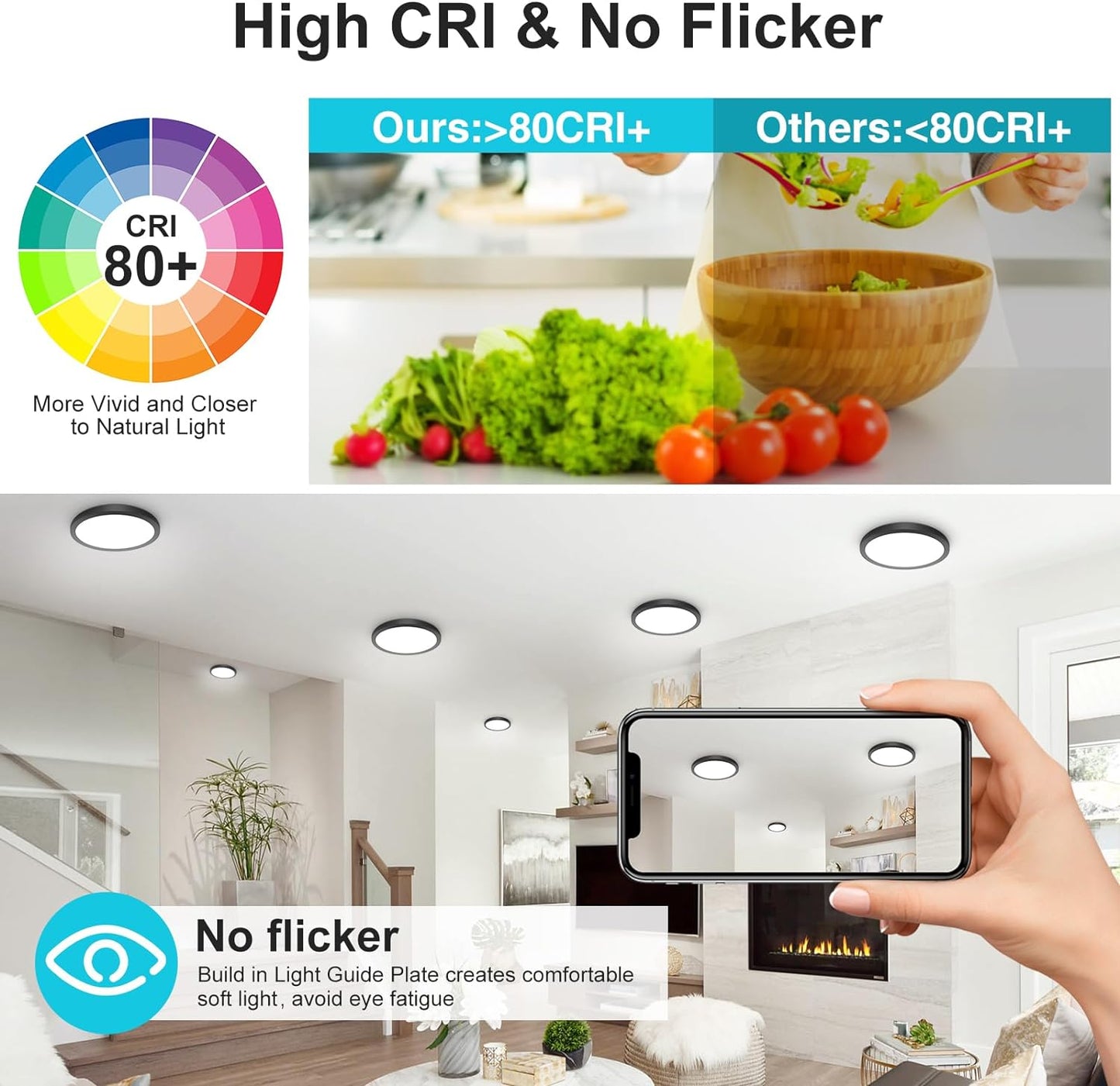 3Pack Black Flush Mount Ceiling Light Color Selectable, Thin Flat Round LED Lamp-7"