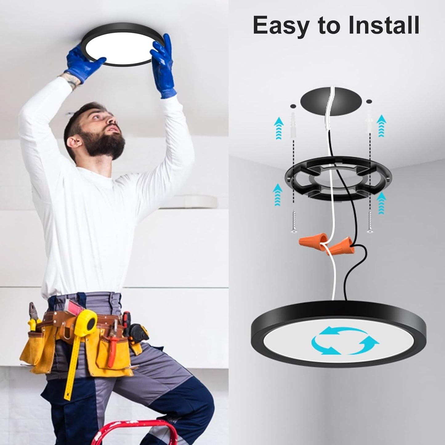 3Pack Black Flush Mount Ceiling Light Color Selectable, Thin Flat Round LED Lamp-7"