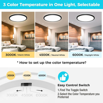 12Pack Black Led Flush Mount Ceiling Light Fixtures, 3 Color Selectable, Thin Flat Round Lighting Fixture Surface Mount-13"