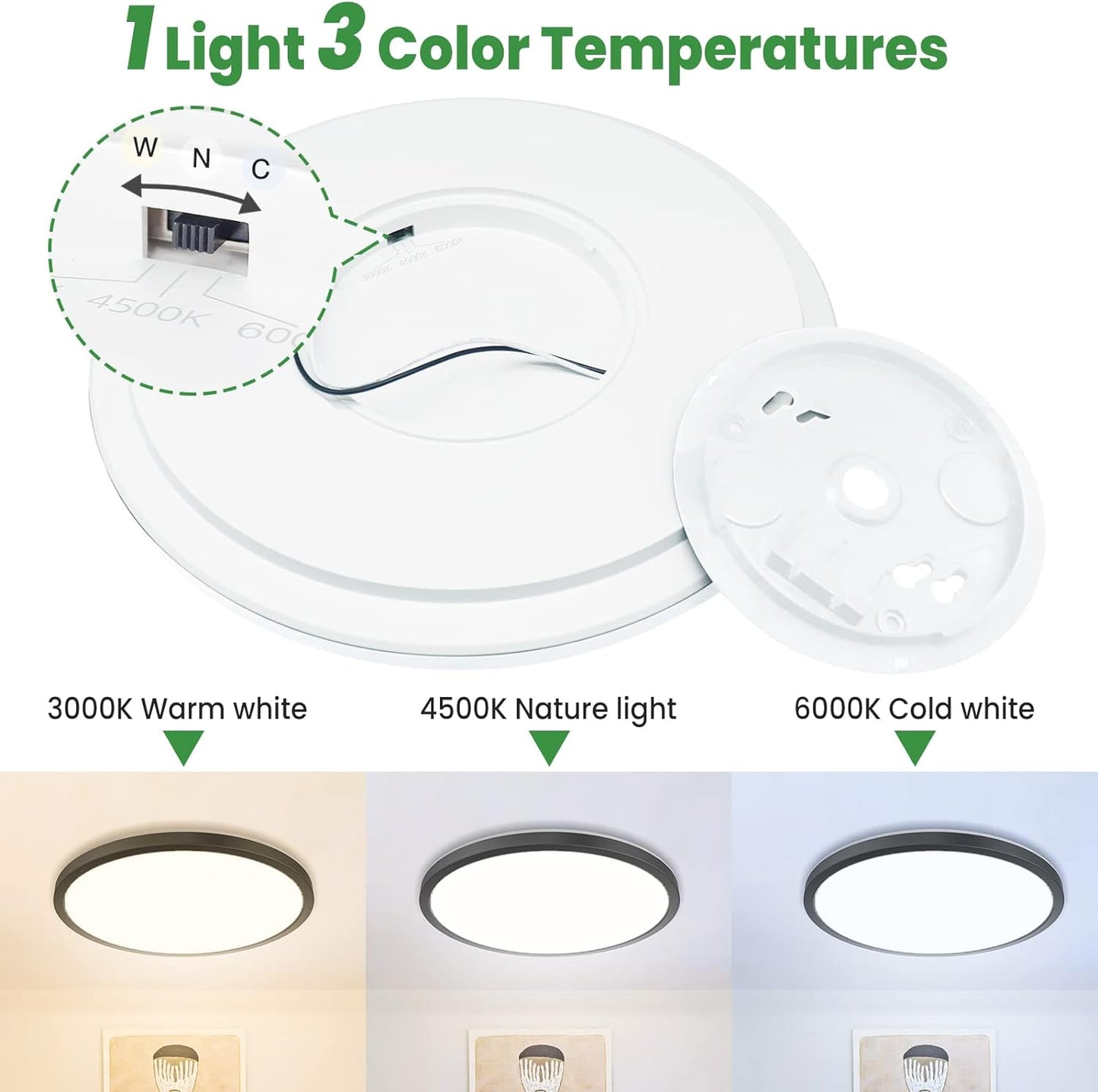 Super Slim 3 Color Temperature in One Ceiling Light Fixture for Closet Bathroom Kitchen Bedroom (Black)