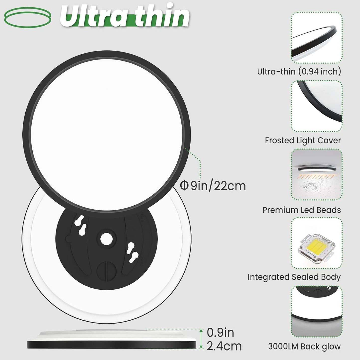 Super Slim 3 Color Temperature in One Ceiling Light Fixture for Closet Bathroom Kitchen Bedroom (Black)