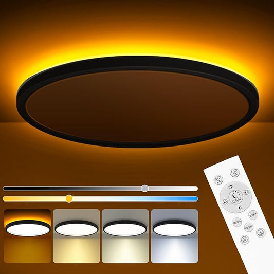 2Pack Black LED Dimmable Slim Ceiling Light with Night Light and Remote Control, 24W 2400lm-12”