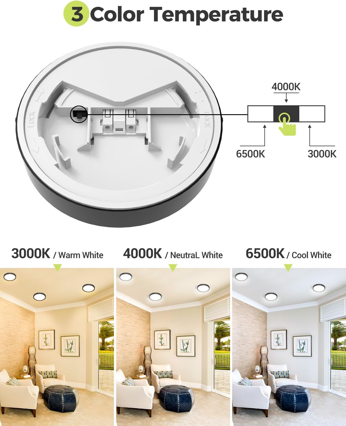 LED ceiling light with 3 color temperature options: 3000K warm white, 4000K neutral white, 6500K cool white, adjustable with switch