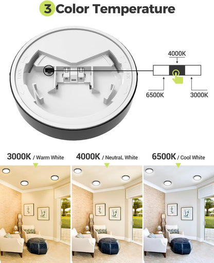 LED ceiling light with 3 color temperature options: 3000K warm white, 4000K neutral white, 6500K cool white, adjustable with switch