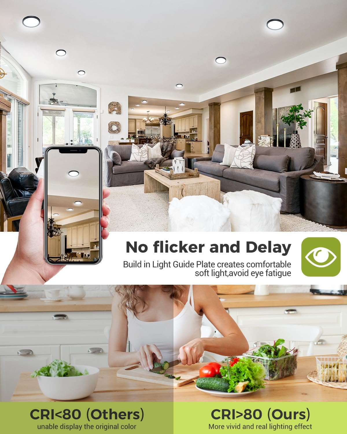 flicker-free LED ceiling light with CRI>80, soft light to avoid eye fatigue, true color rendering