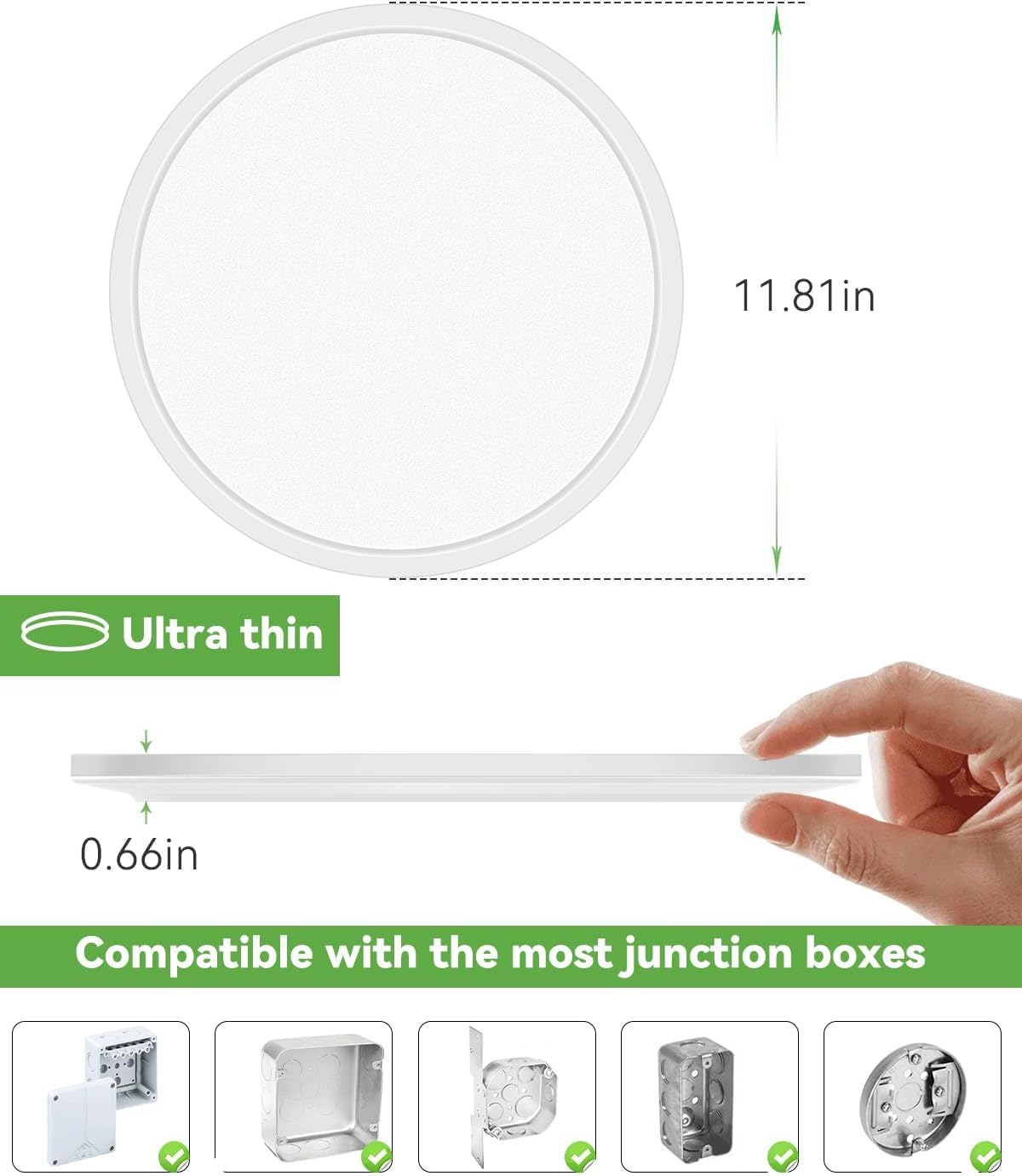 Zemty CL62 11.81-inch ceiling light, 0.66-inch ultra-slim profile, compatible with most junction boxes