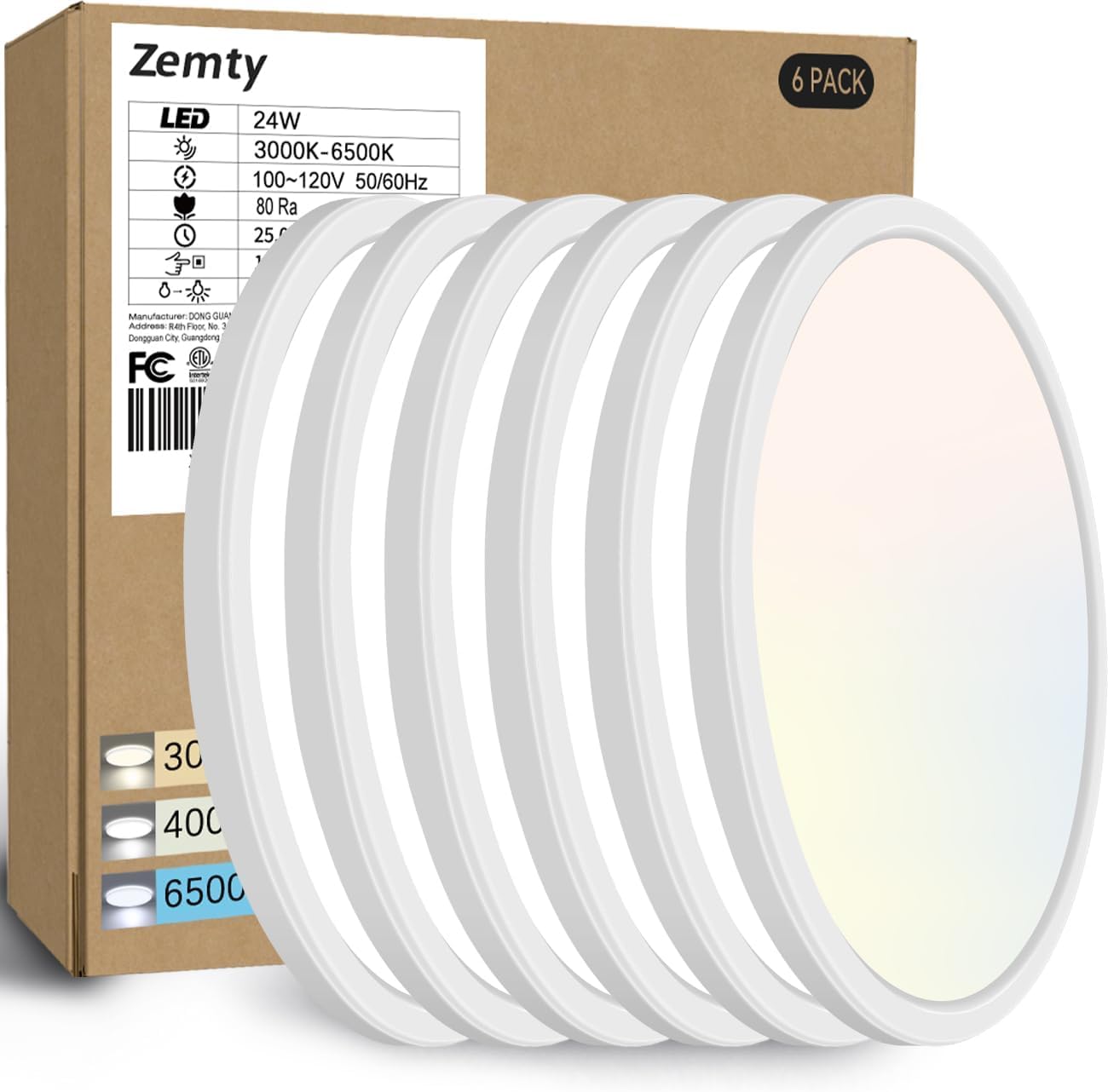 Zemty CL62 24W LED ceiling light 6-pack, 5 color selectable 3000K-6500K flush mount light
