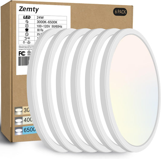 Zemty CL62 24W LED ceiling light 6-pack, 5 color selectable 3000K-6500K flush mount light
