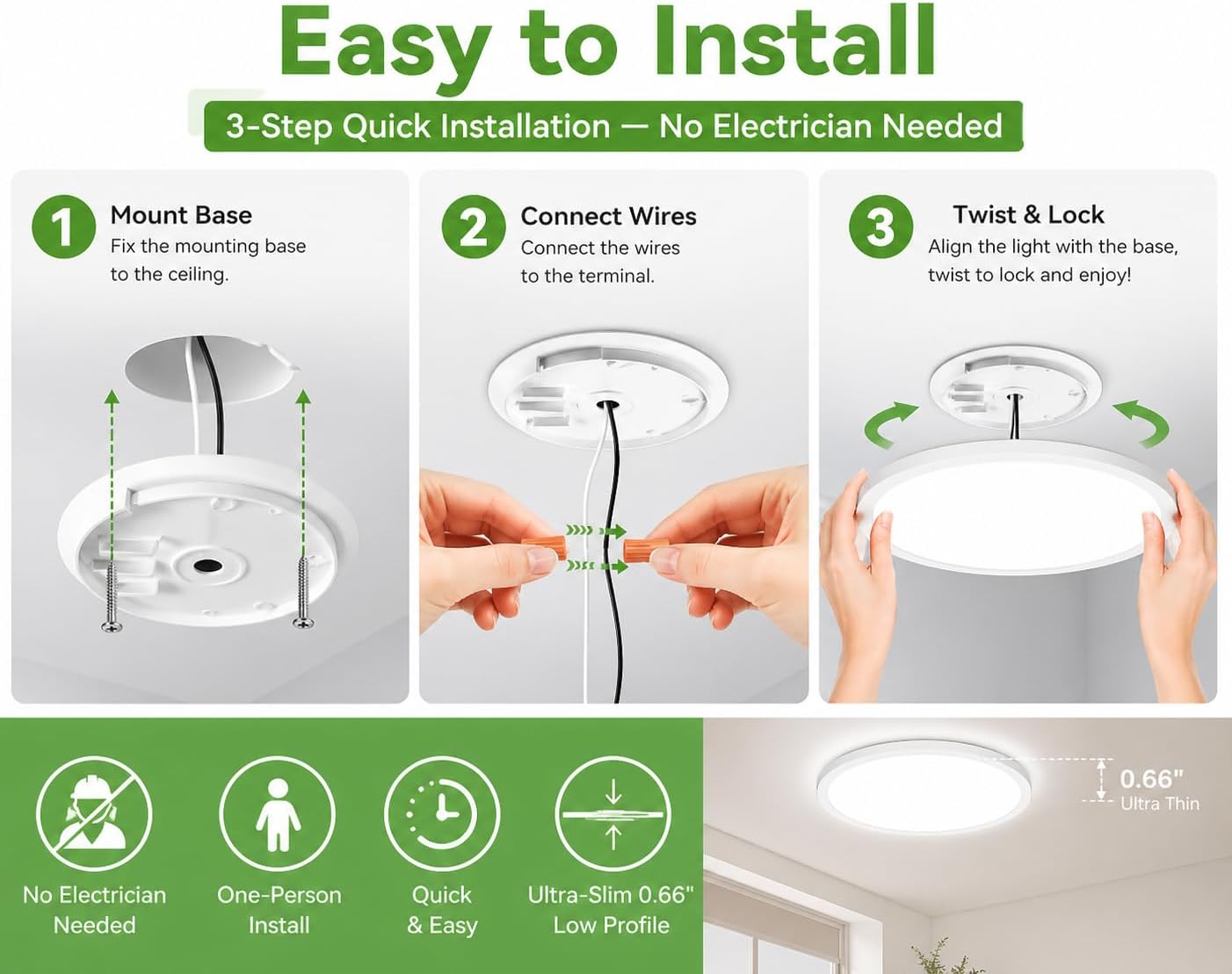  Zemty CL62 ceiling light 3-step installation guide, ultra-slim 0.66" design, no electrician needed