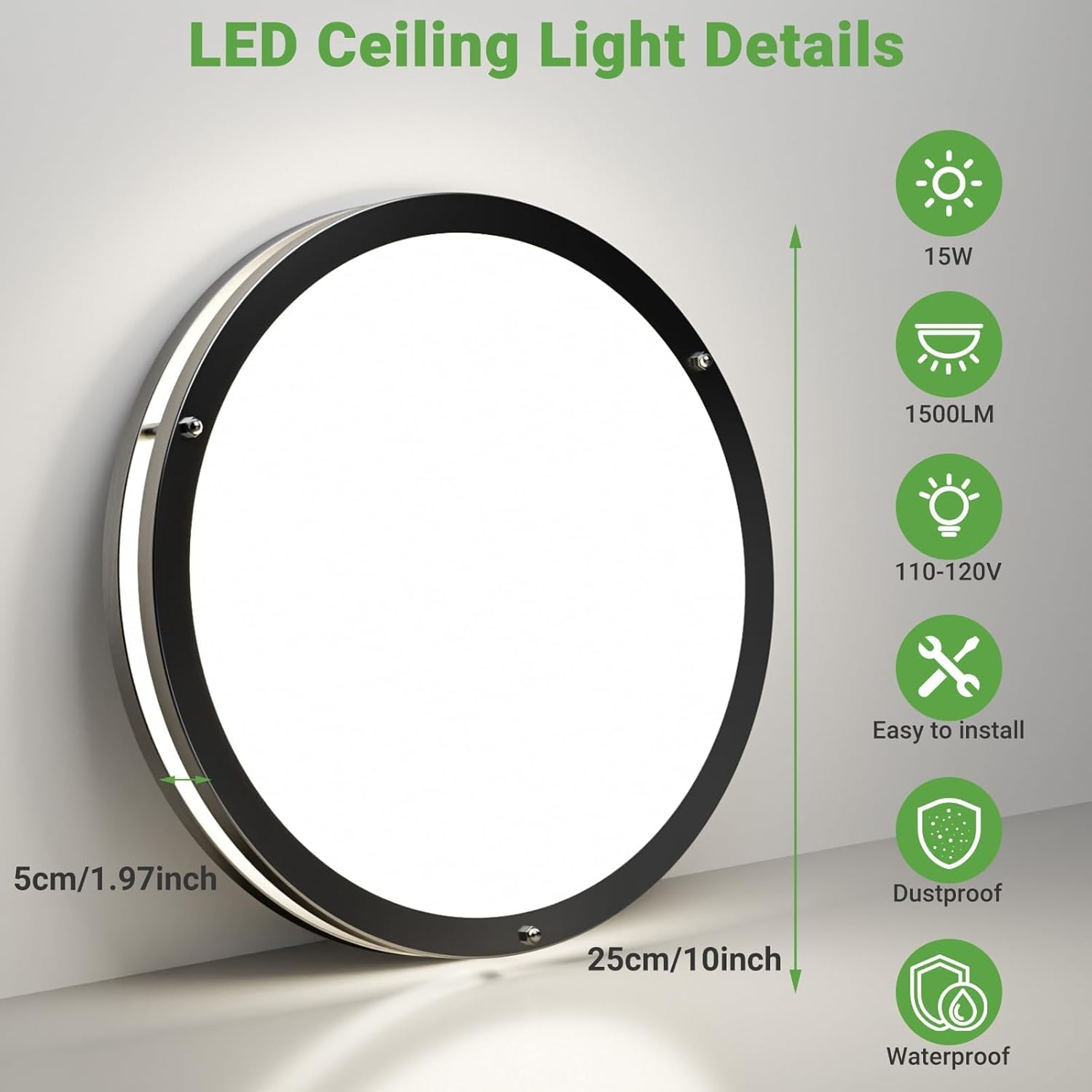 Zemty CL90 10-inch ceiling light, 15W power, 1500LM brightness, 110-120V, dustproof and waterproof
