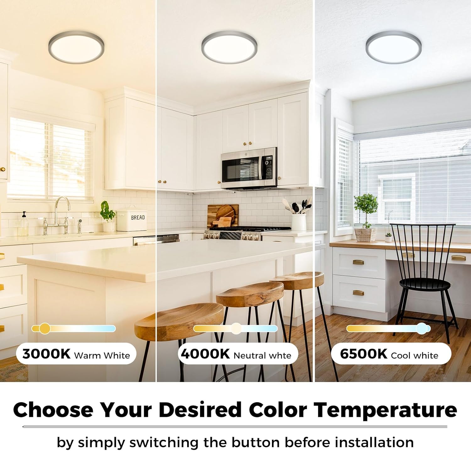 Zemty CLS16 ceiling light with 3 color temperatures (3000K warm/4000K neutral/6500K cool), pre-install switch control