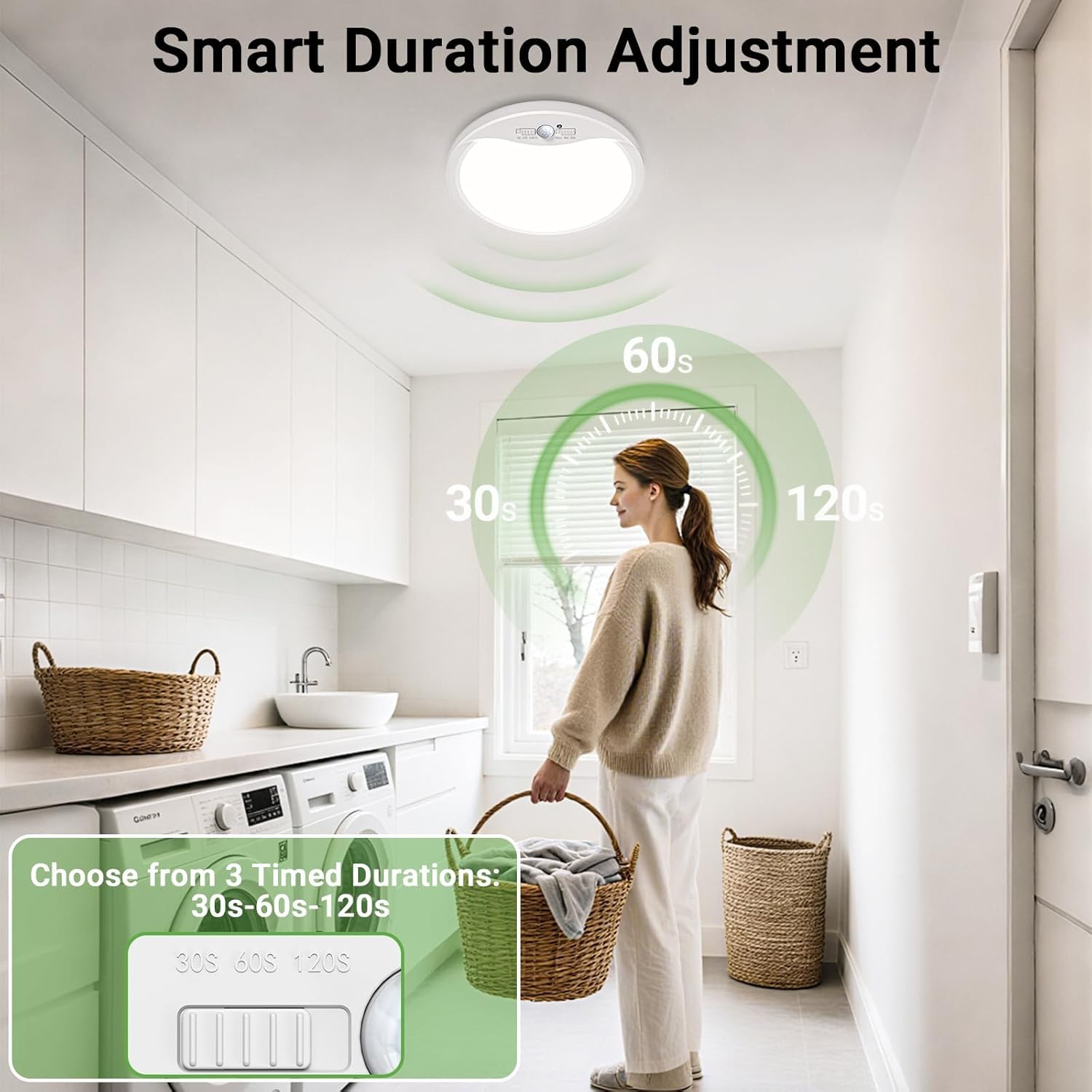 Zemty CLS22S ceiling light with 3 adjustable hold times: 30s, 60s, 120s, smart duration setting