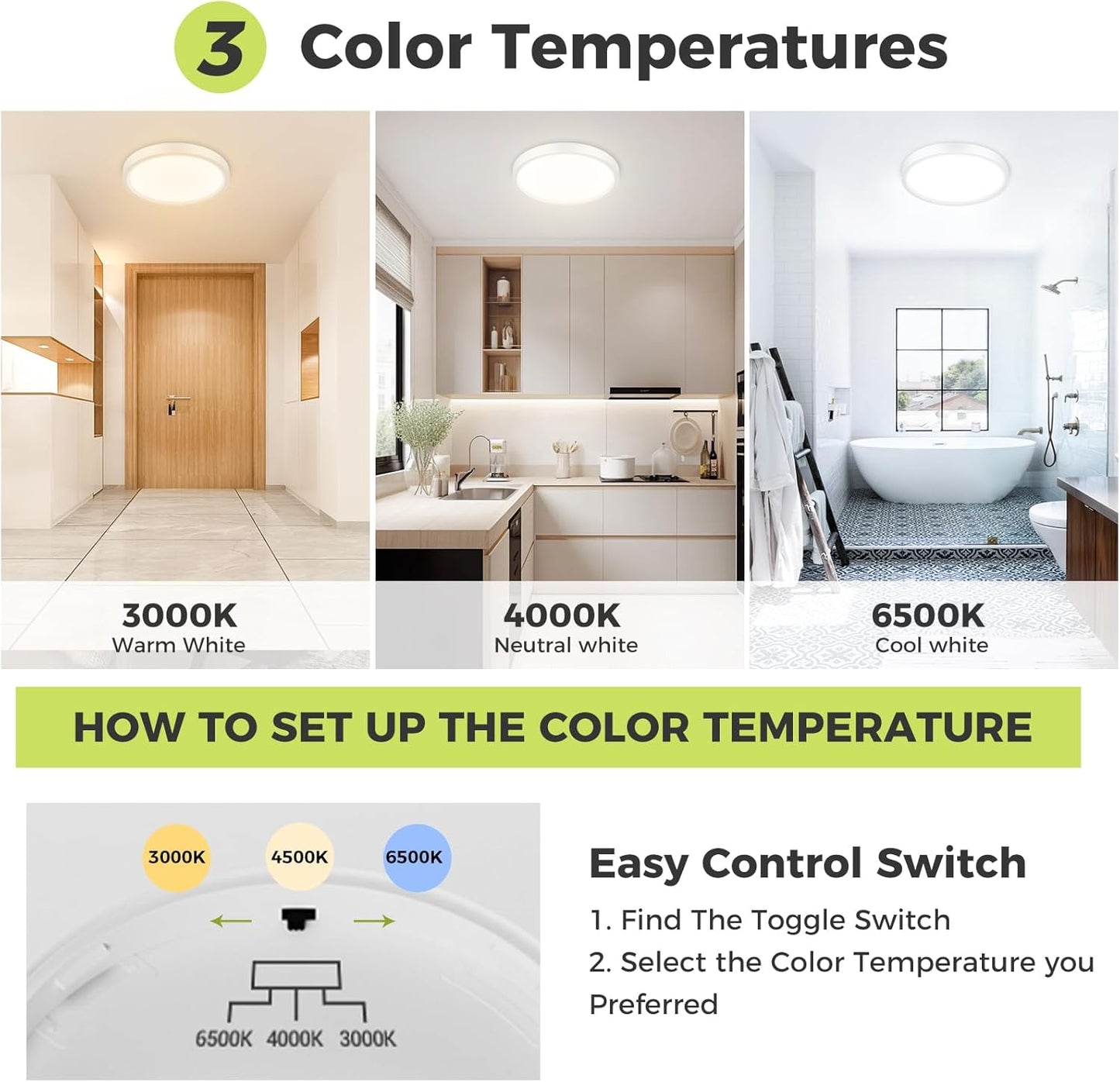 Zemty CLS29 ceiling light with 3 color temperatures (3000K warm/4000K neutral/6500K cool), toggle switch control