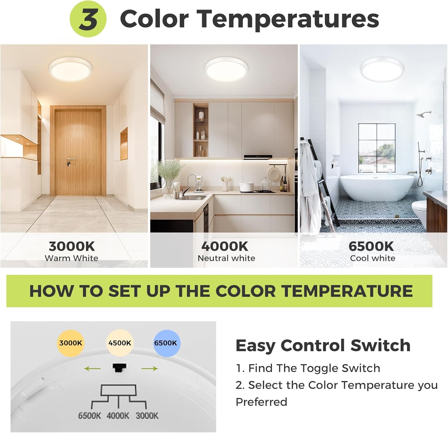 Zemty CLS29 ceiling light with 3 color temperatures (3000K warm/4000K neutral/6500K cool), toggle switch control