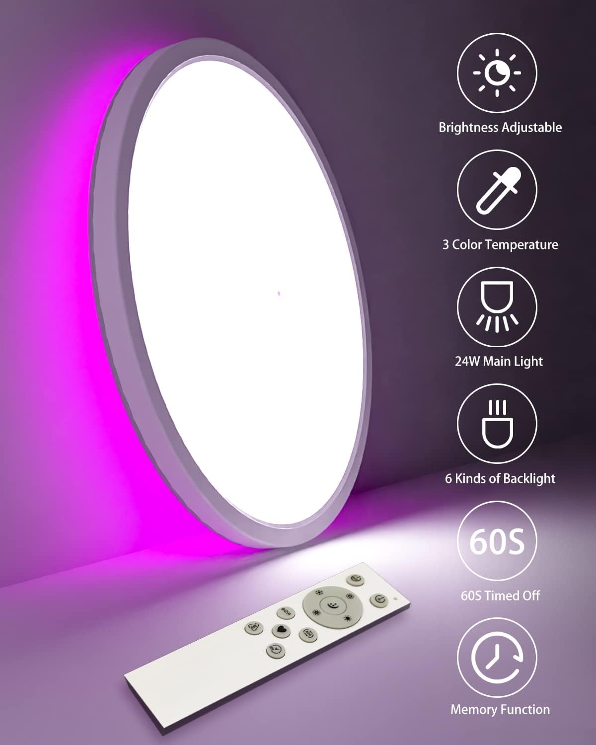 Zemty CLS29R ceiling light with 6 RGB backlight colors, brightness adjustable, 3 color temps, 60s timer and memory function