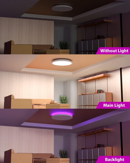 Zemty CLS29R ceiling light with main light and RGB backlight, showing different lighting effects in home scenes