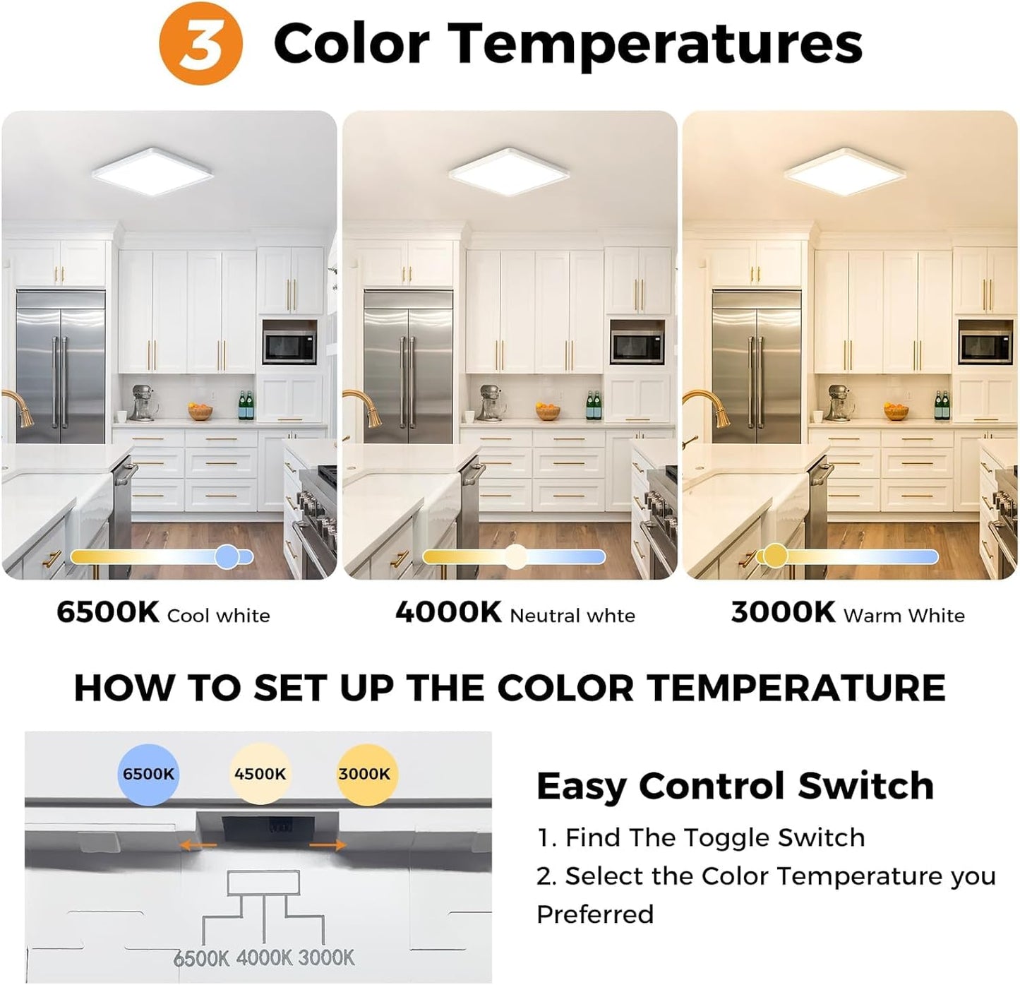  Zemty CLSF18 ceiling light with 3 color temperatures (3000K warm/4000K neutral/6500K cool), toggle switch control