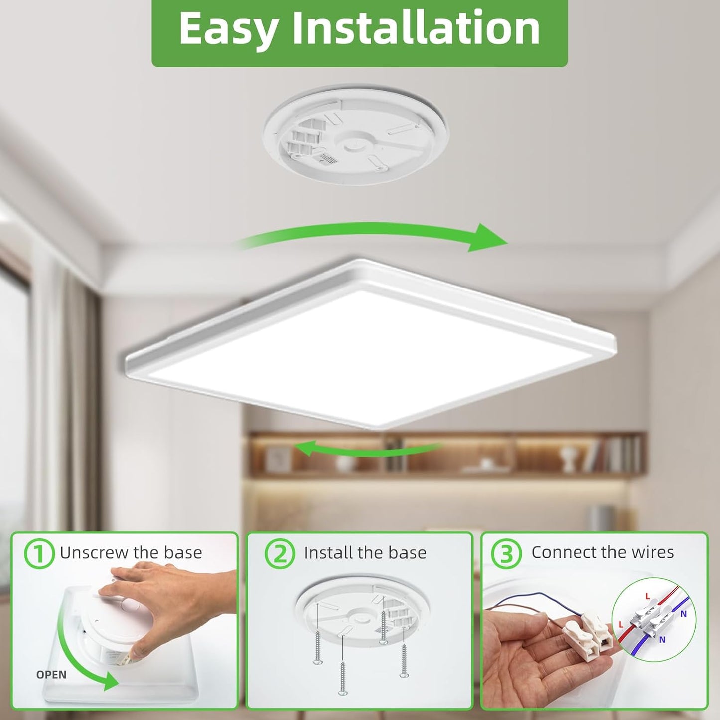 Zemty CLSF22 ceiling light installation guide, 3-step quick install with rotating lock base