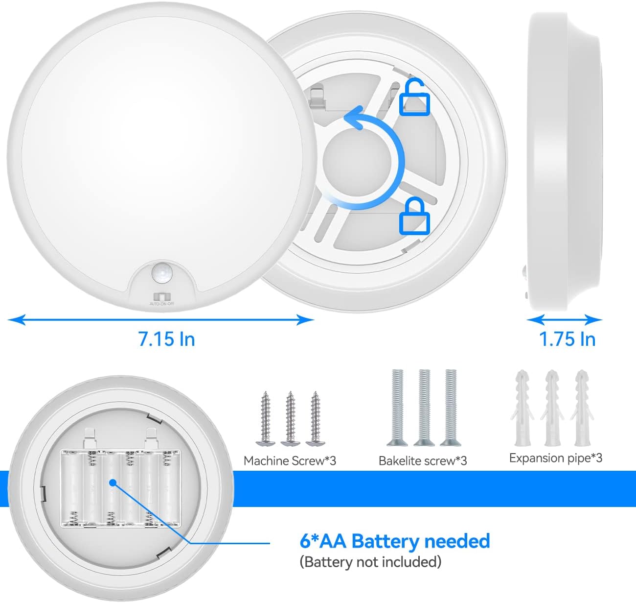 Zemty CS01B ceiling light dimensions: 7.15" diameter, 1.75" thickness, requires 6 AA batteries (not included)
