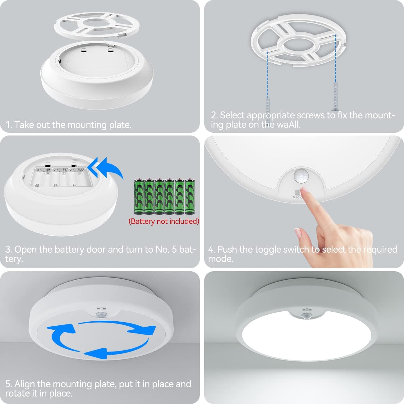 Zemty CS01B ceiling light 5-step installation guide: mount plate, fix, insert batteries, select mode, lock light