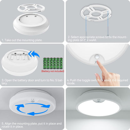 Zemty CS01B ceiling light 5-step installation guide: mount plate, fix, insert batteries, select mode, lock light