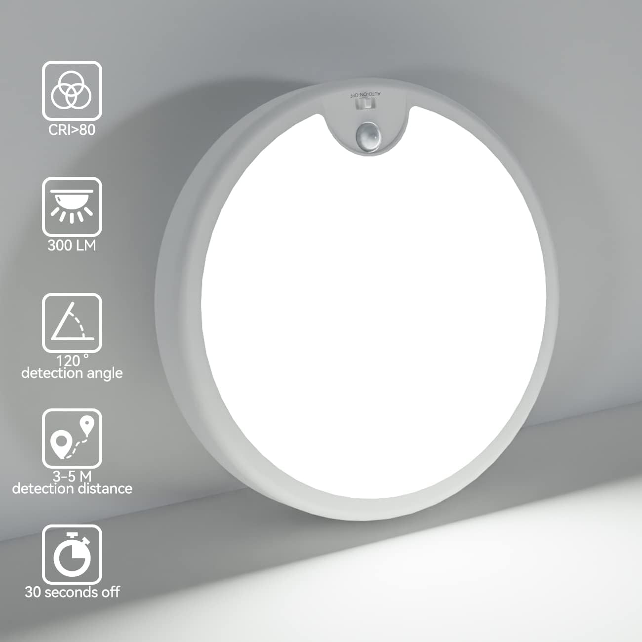Zemty CS01B ceiling light specifications: CRI>80, 300LM brightness, 120° angle, 3-5m range, 30s auto-off
