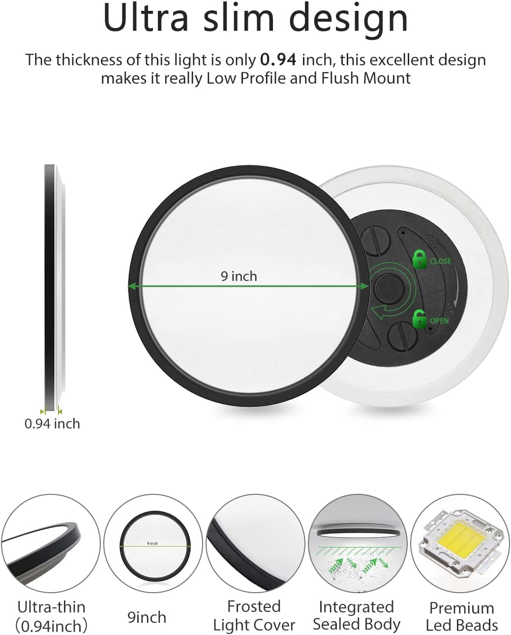 zemty LED Flush Mount Ceiling Light Thin Round Flat Black for Hallway, Kitchens, Stairwells, Bedrooms